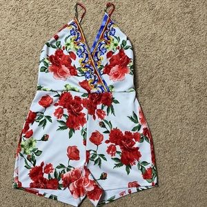 Red Flora patterned romper